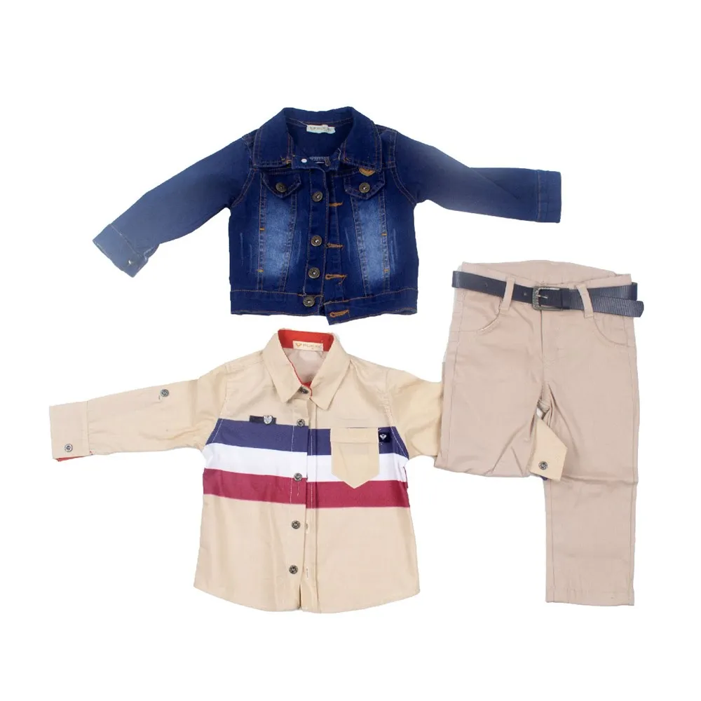 

Denim Jeans Kids Children Boys Pants + Sweatshirt + Denim Jacket + Belt 4 Pcs Suit Set Clothe Set Outfits Light Brown