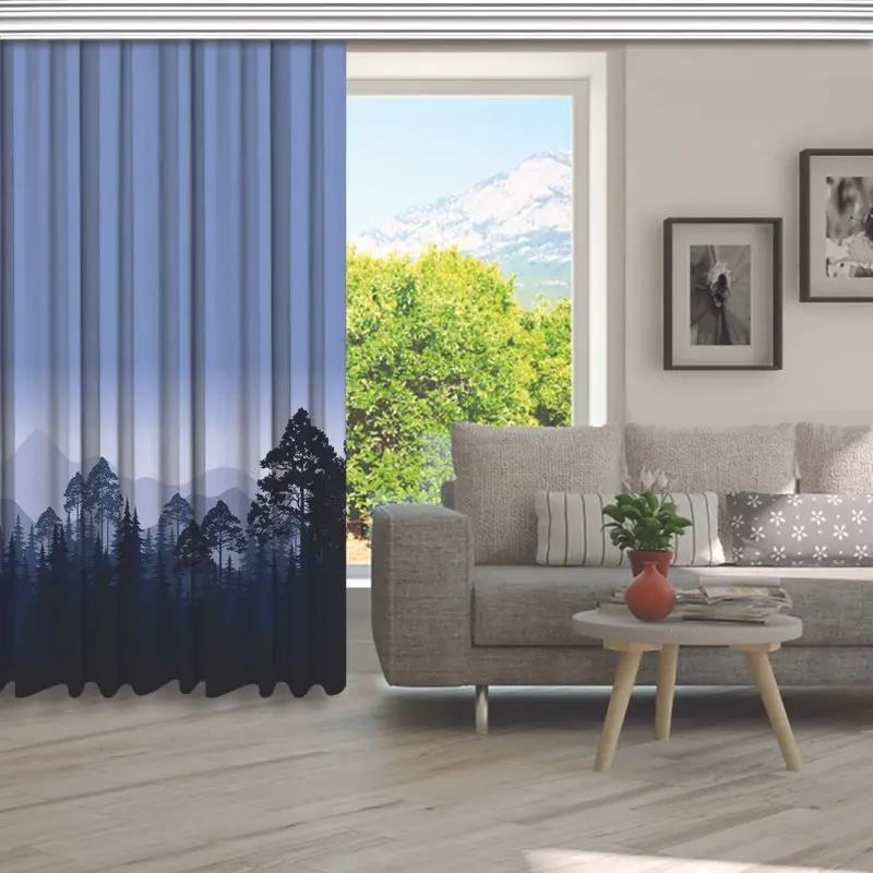 Шторы Ночной лес горизонтальный Пейзаж Деревья и горы Силуэт черный темно синий