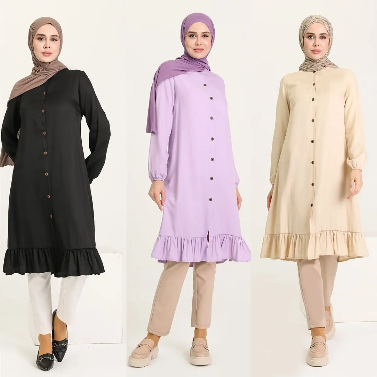 

Pleated Buttoned Tunic Long Sleeve Crew Neck Unlined Seasonal Women's Dress Daily Hijab Clothing Muslim Fashion Turkey Islamic