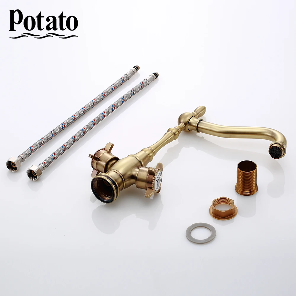 

Potato Antique Style Gold Sink Faucet Cold and Hot Water Mixer Tap Bronze Kitchen Faucet p43325-2