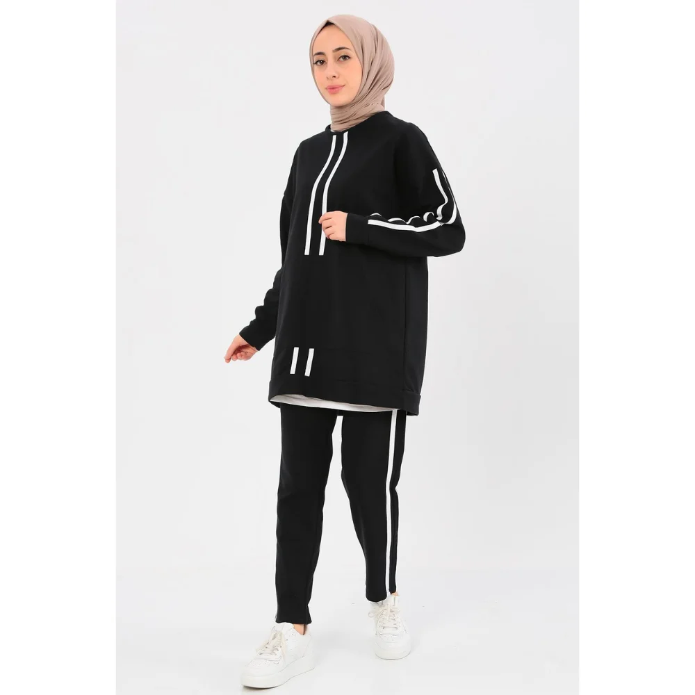 Kangaroo Pocket Striped Pants Suit Islamic Muslim  muslim dress women abaya kaftan modest dress abayas for women abaya turkey tu