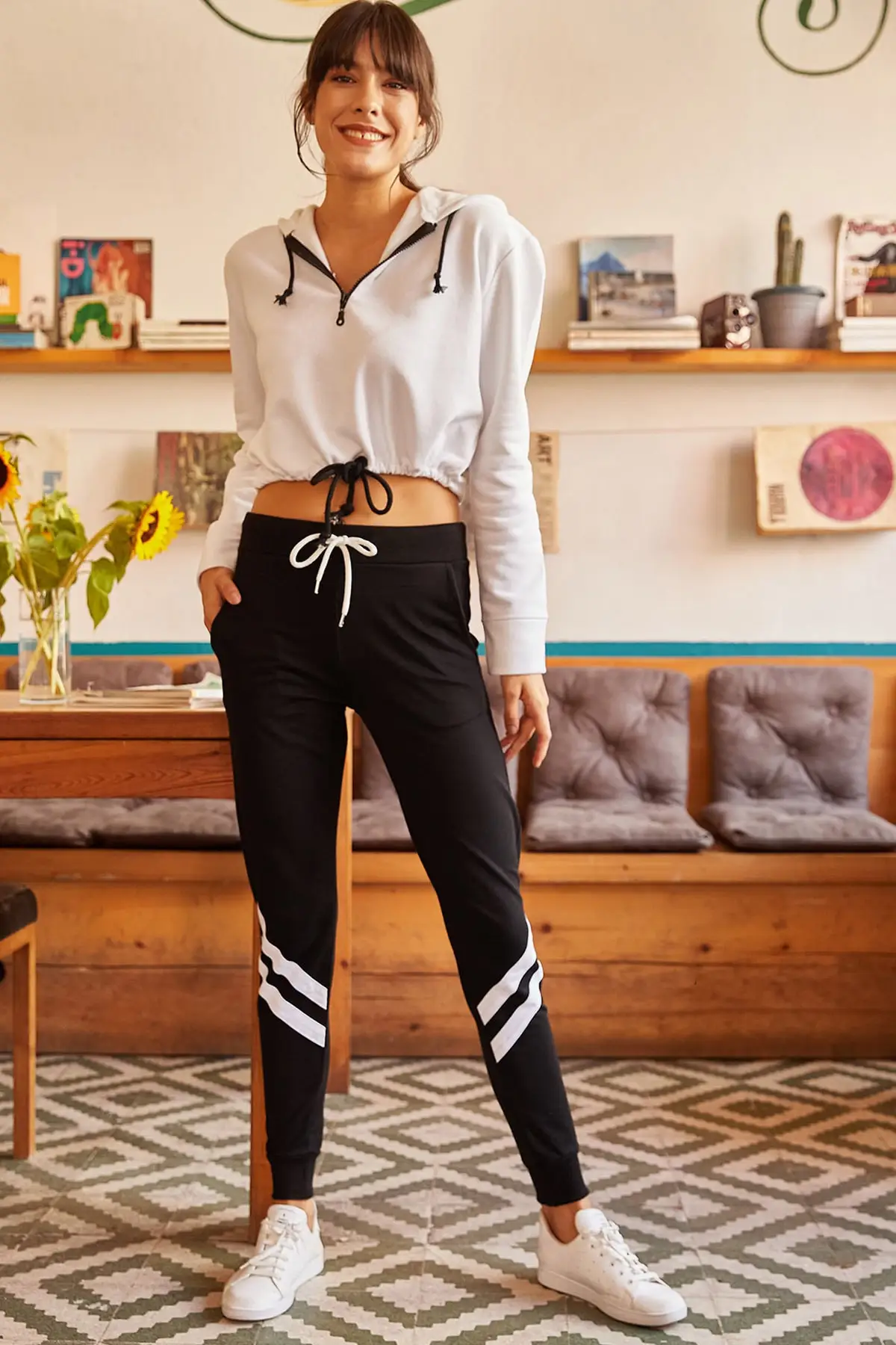 Ола женский черный двойной полосатые спортивные брюки с карманами PNT-19000043 | Спорт