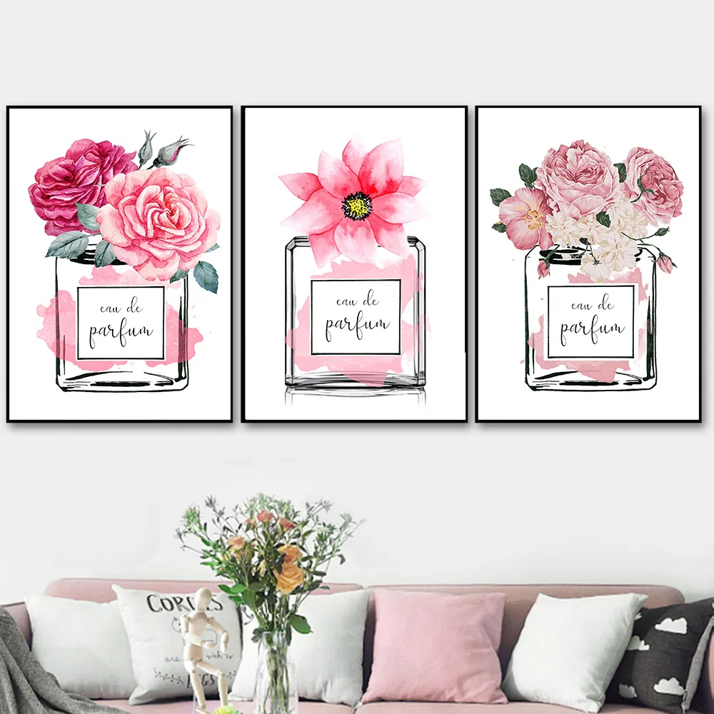 

Nordic Fashion Pink Perfume Flower Bottle Posters and Prints Luxury Decor Miss Blooming Bouquet Modern Pictures Canvas Painting
