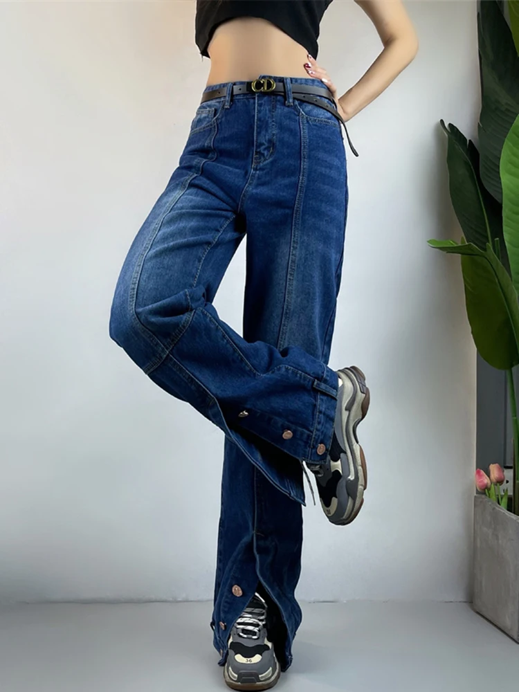 

Винтажные женские джинсы с высокой талией, шикарные мешковатые прямые джинсовые брюки с разрезом, Y2k, Повседневная Уличная одежда, модные бр...