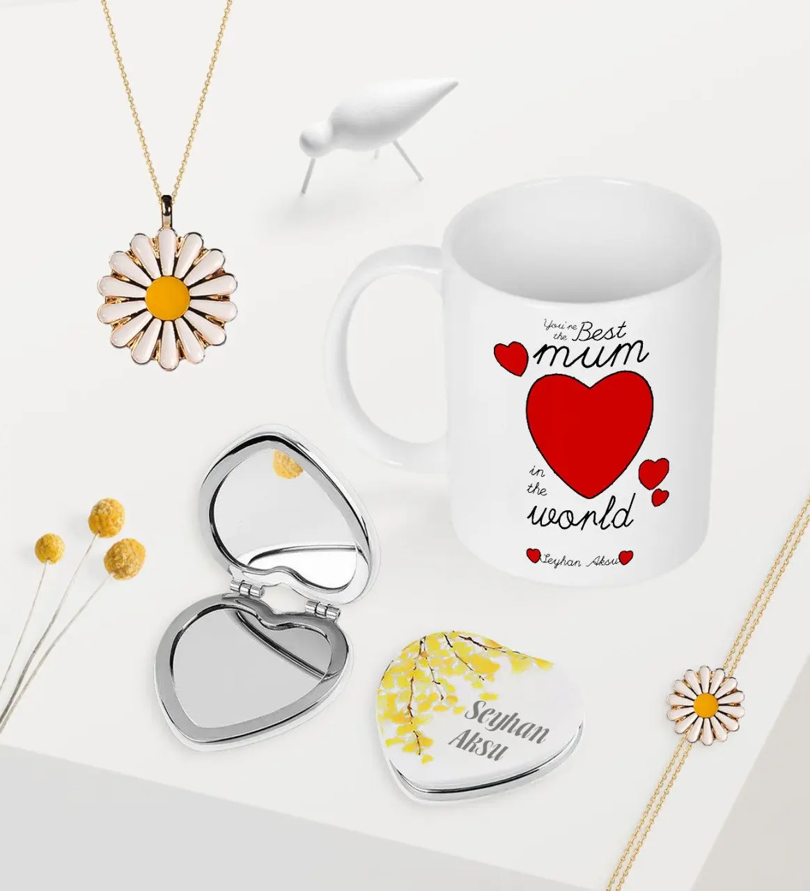 

Personalized World Best Mother Mug Heart Mirror Daisy Necklace Bracelet Seti-12