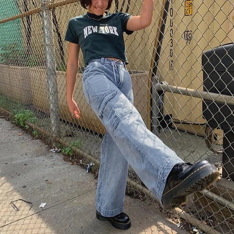 

2020 Autumn Streetwear Pockets Patchwork High Waist Jeans Women Loose Straight Jean Femme Cargo Long Pants for laides jeans