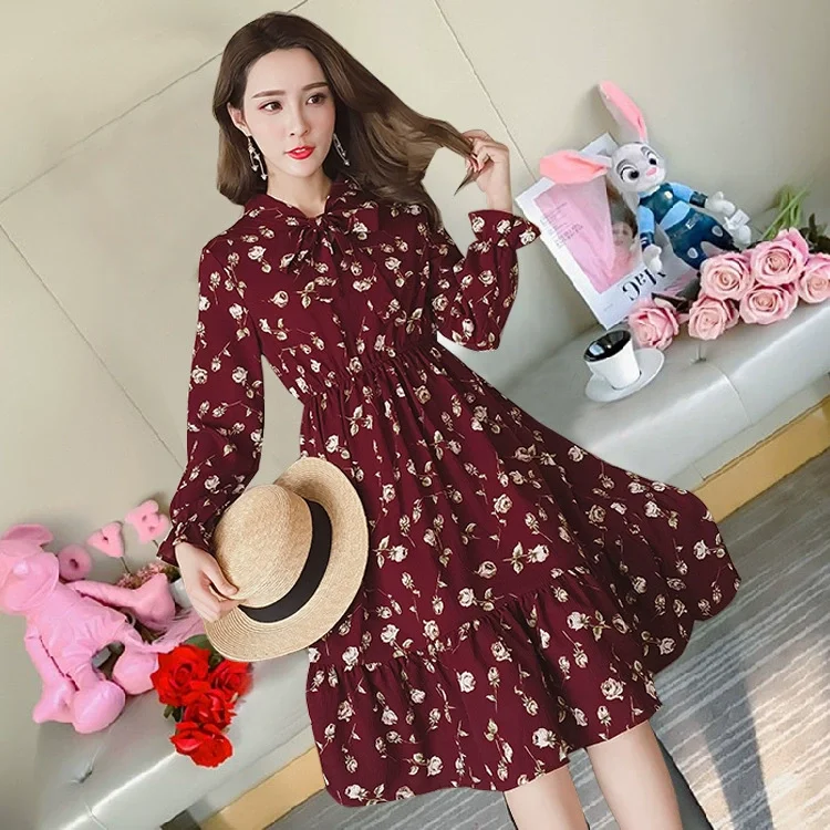 

2022 Dress Women Burgundy Floral Chiffon Long Sleeve Sweet French Party Dresses