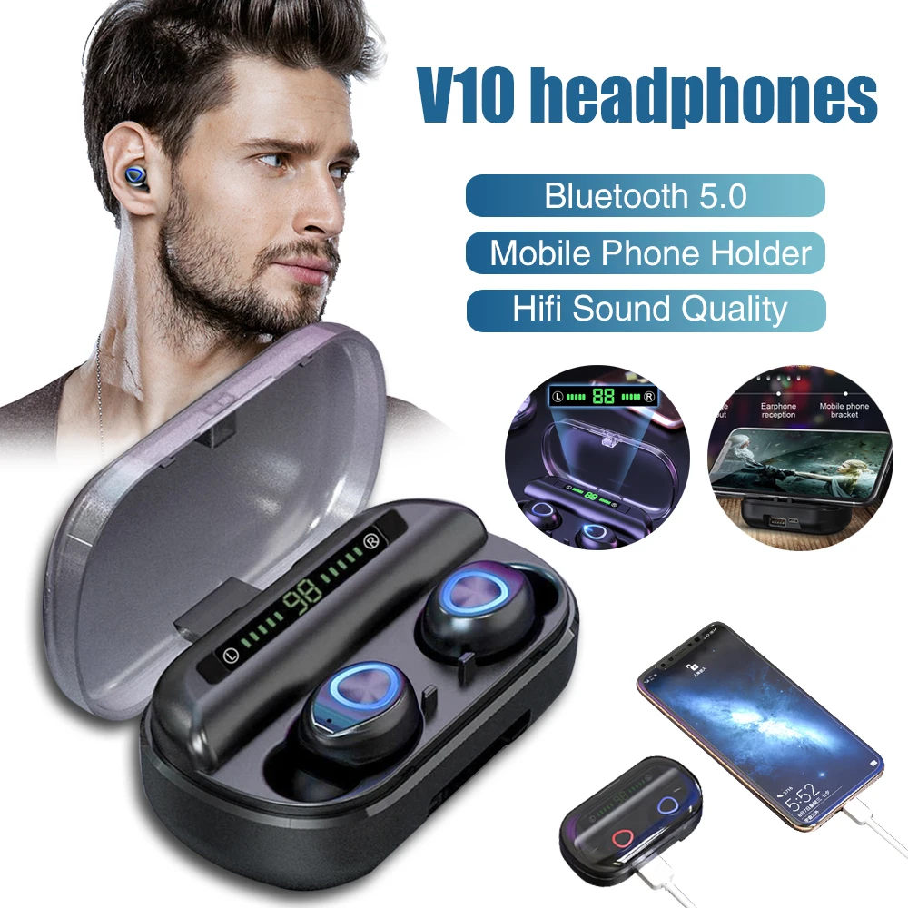 V10 TWS, беспроводные Bluetooth 5,0 наушники, IPX7, водонепроницаемая Спортивная игровая гарнитура, 3500 мА/ч, внешний аккумулятор, светодиодный дисплей, наушники HIFI