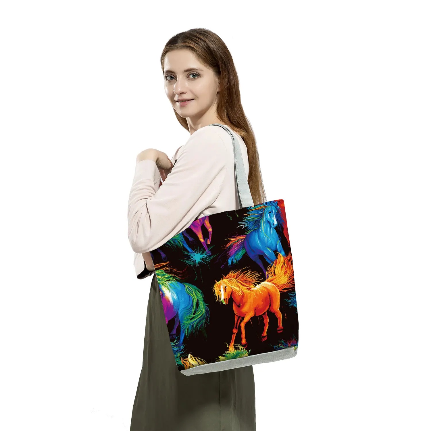 Watercolor Horse Print Shopping Bag Tote Folding Reusable Traveling School Shoulder Bag Casual Handbags For Women Custom Pattern