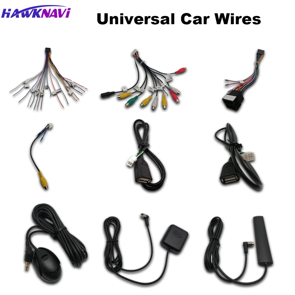 Hawknavi Universal Car Radio Power Wires Compatible For Microphone AUX USB Rear View Camera 4G GPS Auto Accessories Cables Set
