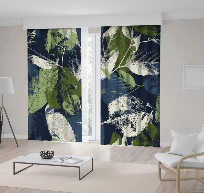 

Curtain Abstract Pattern Leaves with Grunge Effect Nature Forest Night View Modern Home Decor Blue Green Beige