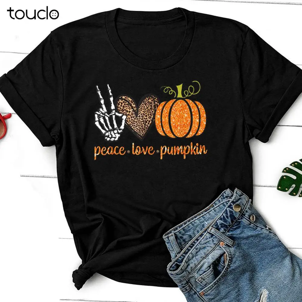 

Womens Halloween Peace Love Pumpkin Fall Girls Gift For Women T-Shirt Size S-3XL