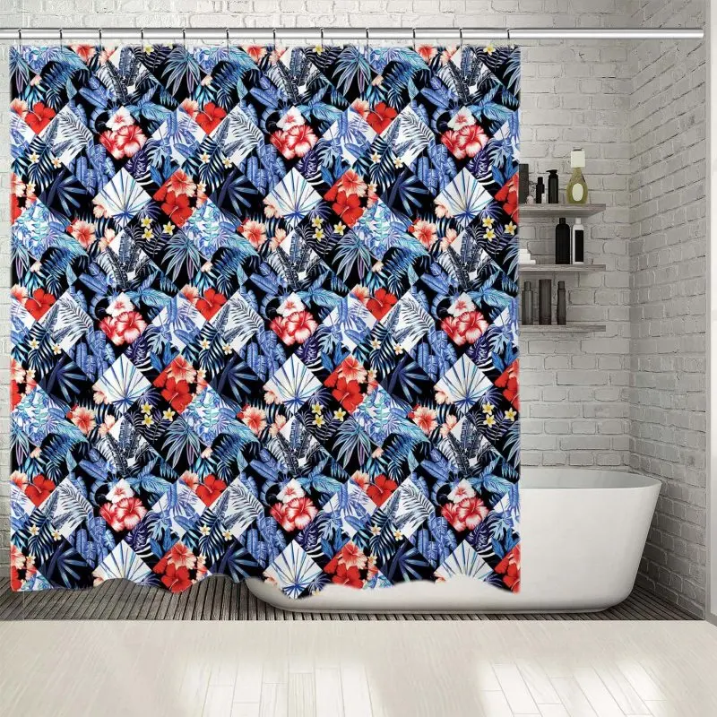 

Shower Curtain Tropic Jungle Red Flowers Blue Plants Palm Leaves Pattern Patchwork Style Floral in Modern Art Printed