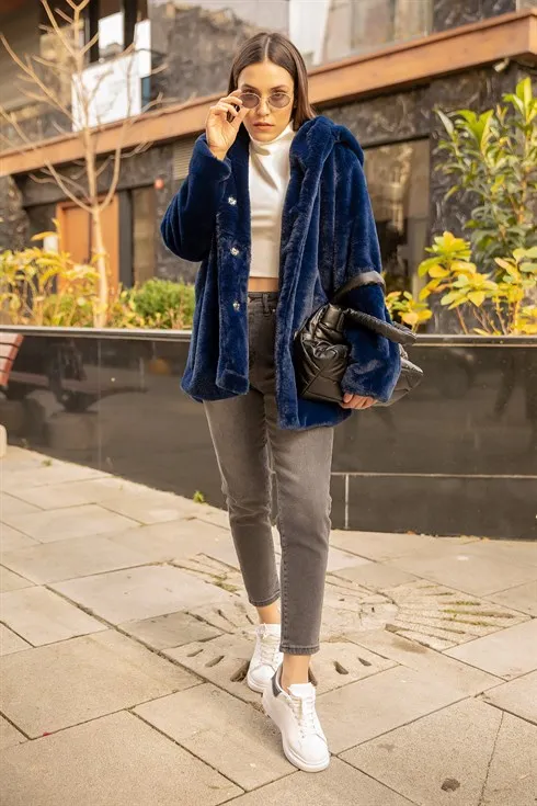 

Women's Hooded Teddy Coats fur warm texture women's fashion burgundy navy blue made in Turkey