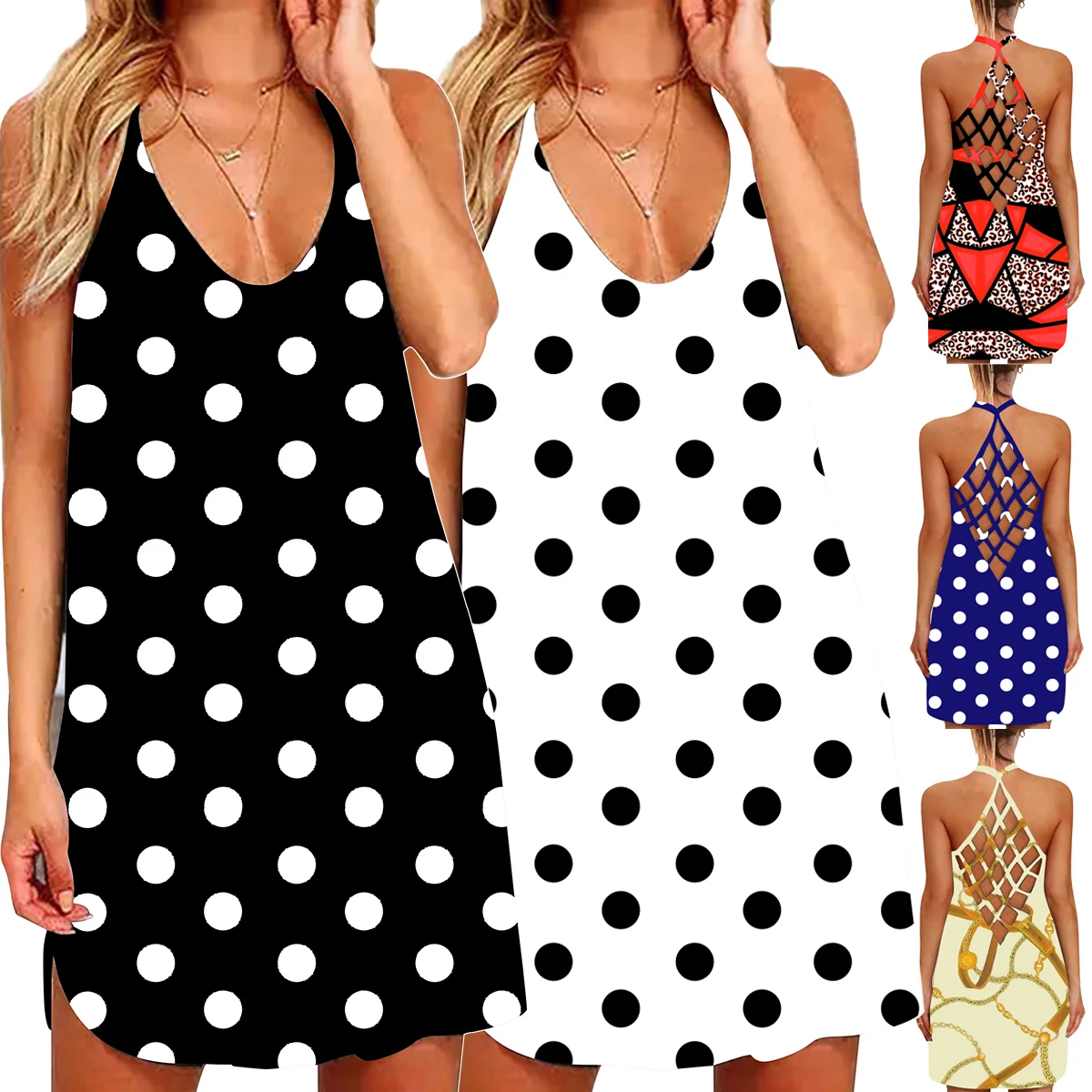 Женское ажурное платье макси с открытой спиной и рукавами винтажное в горошек