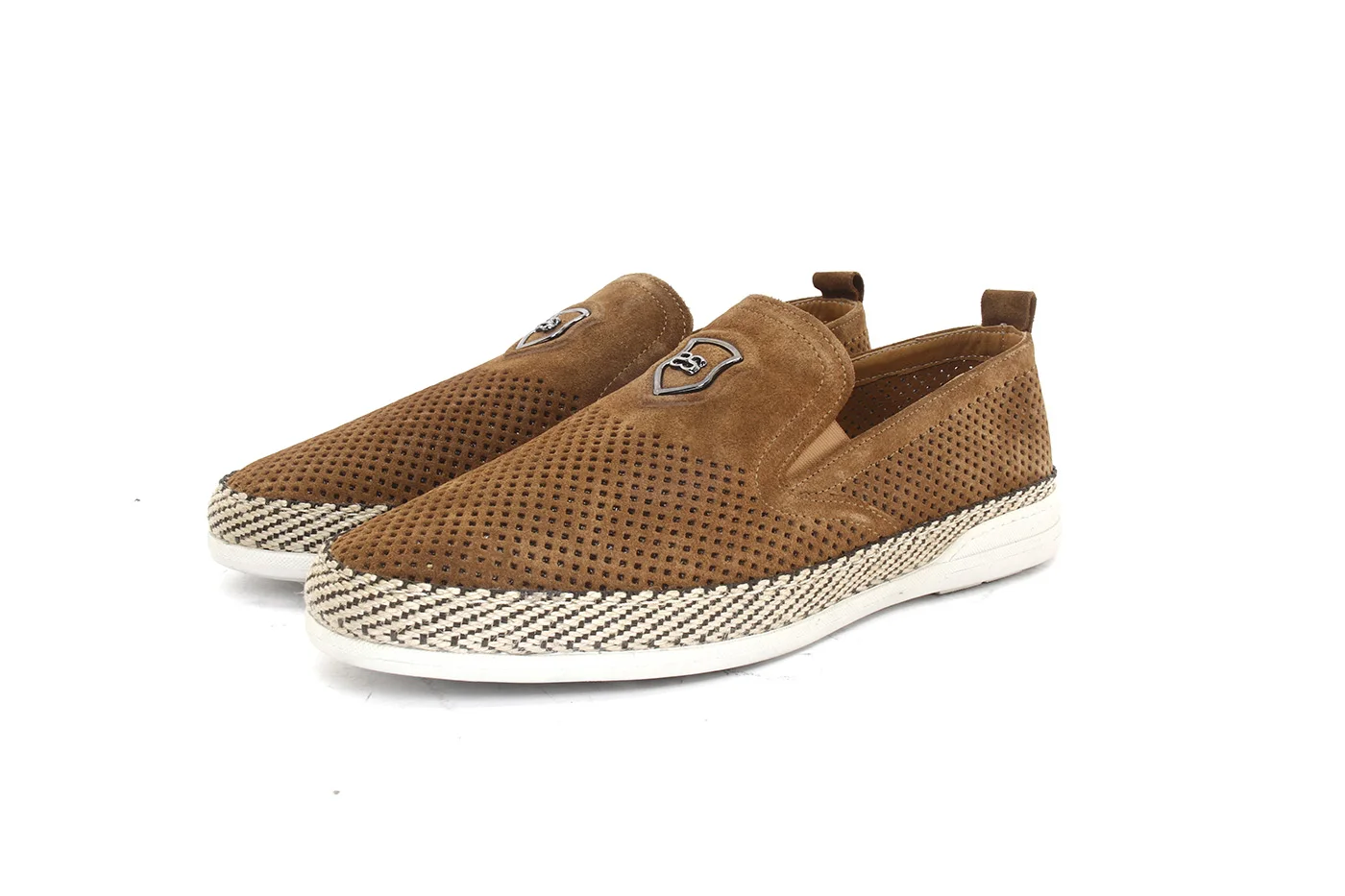 

SHENBIN's Handmade Perforated Suede Tobacco Espadrilles with Woven Straw Matting, Men's Casual Summer Shoes