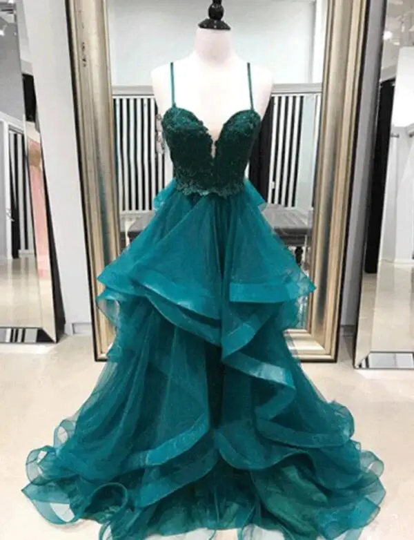 

CloverBridal Spaghetti Straps Turquoise Tulle Long Evenign Dress Swirls Skirt Prom Gown with Appliques vestidos formales WE9585