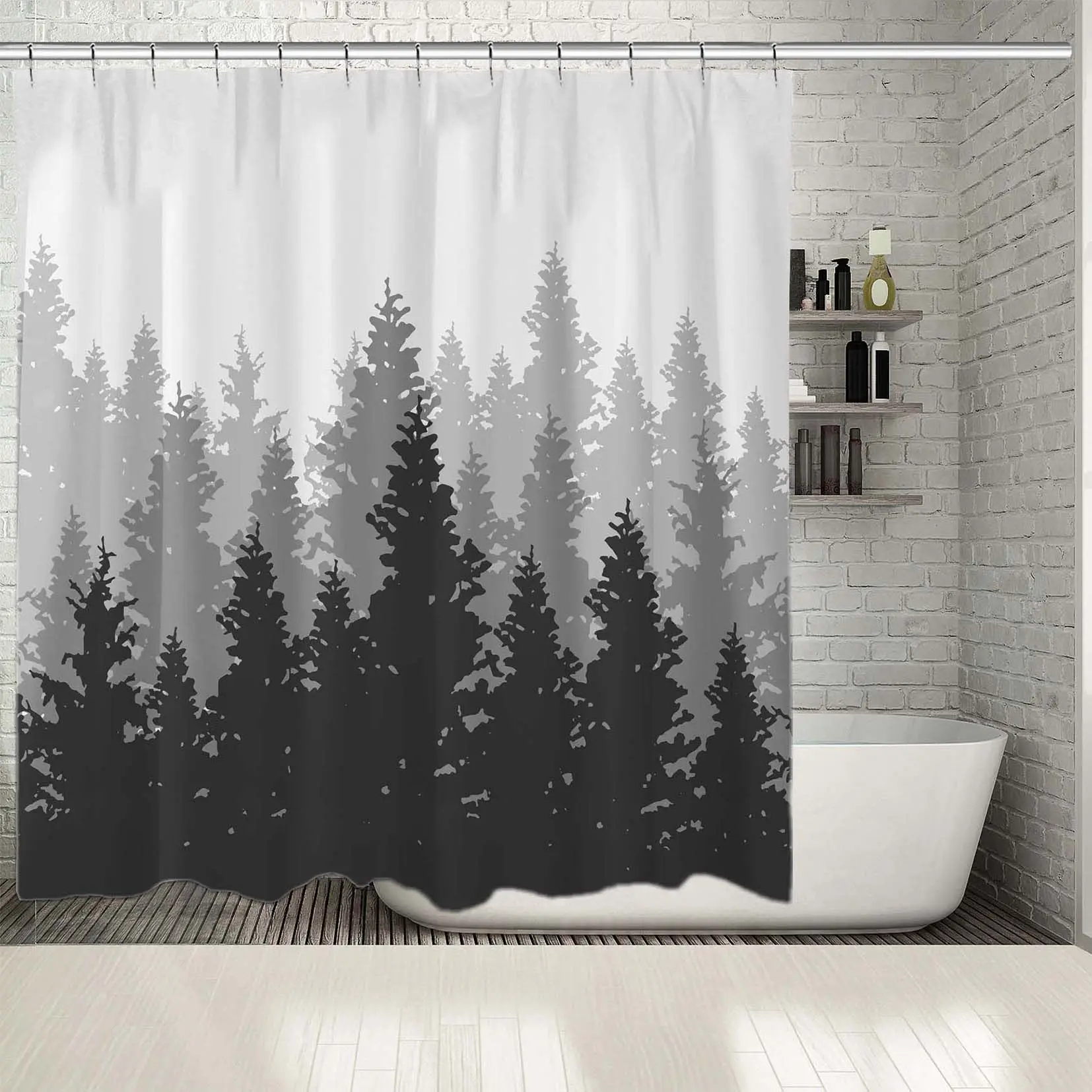 

Shower Curtain Wild Coniferous Forest Pine Tree Foggy Morning Landscape Nature Silhouettes Black and Gray Photo Print