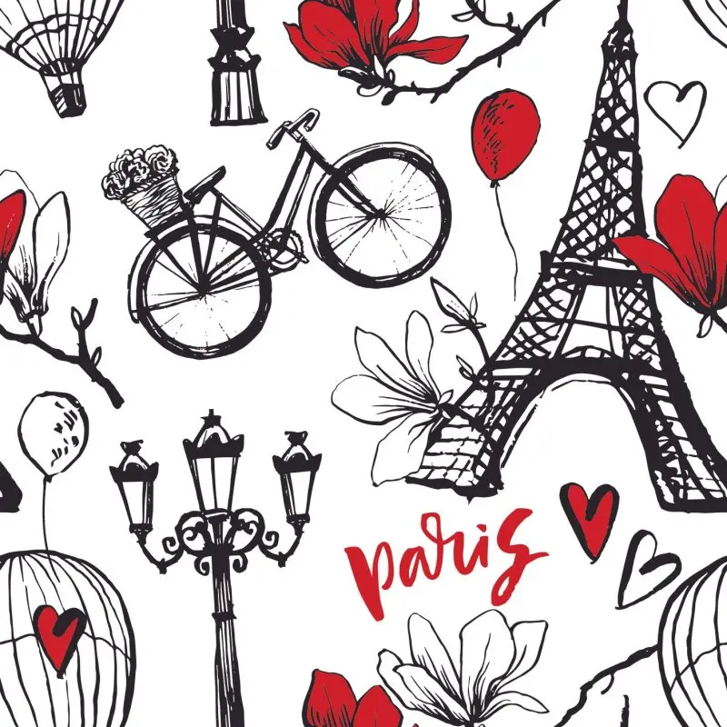 

Curtain Paris Symbols Romantic Magnolia Blossom Eiffel Tower Bicycle Balloons Pattern in Red and Black Art Printed