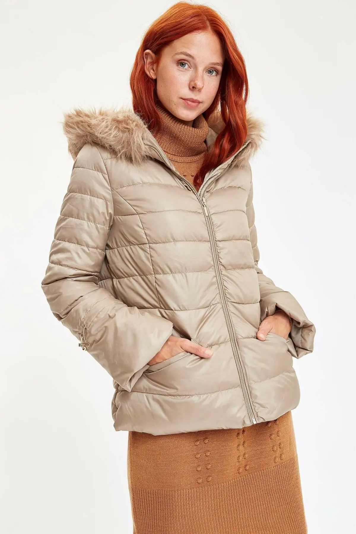 DeFacto Женская мода Шерстяная парка с капюшоном Пальто Повседневная на молнии