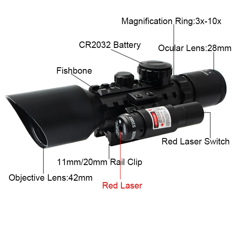 

Охотничья оптика M9 3-10X42E, подсветка сетки с красным лазером, рыболовный прицел, тактический дробовик, прицел AK, подходит для направляющей 11 мм/20 мм
