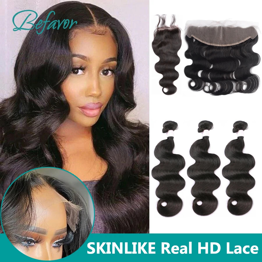

Body Wave Bundles with HD Lace Closure 100% Human Hair Bundles with Frontal Invisible Real HD Lace Melt Skins Hair Extensions