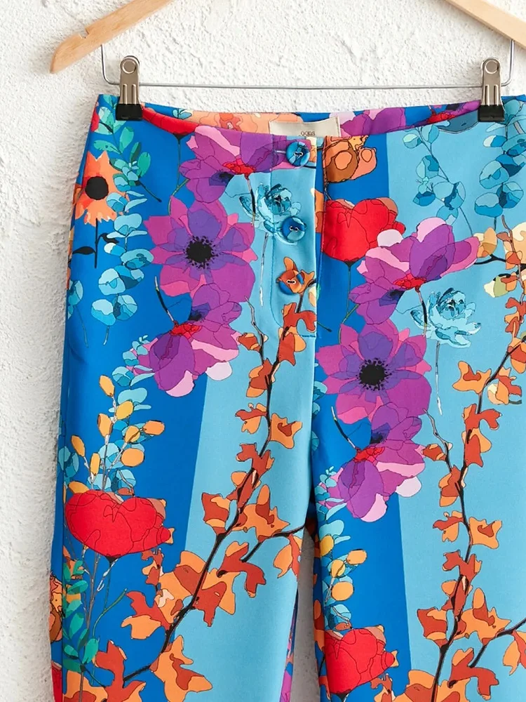 

Women Blue Floral Pattern Ankle Pants Jacket Suit Casual Spring Summer High Waist Pants Two Pieces Blazer Casual Office New 2021