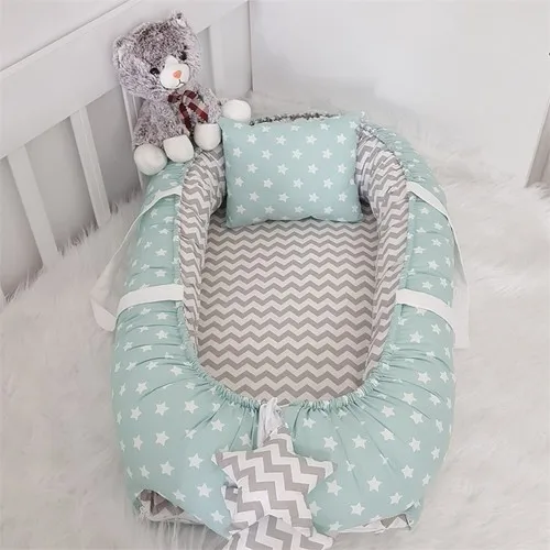 

Jaju Baby Handmade Baby Nest Mint Star Gray Zigzag Design Babynest Baby Bedding Portable Crib Travel Bed Newborn Mother Side Bed