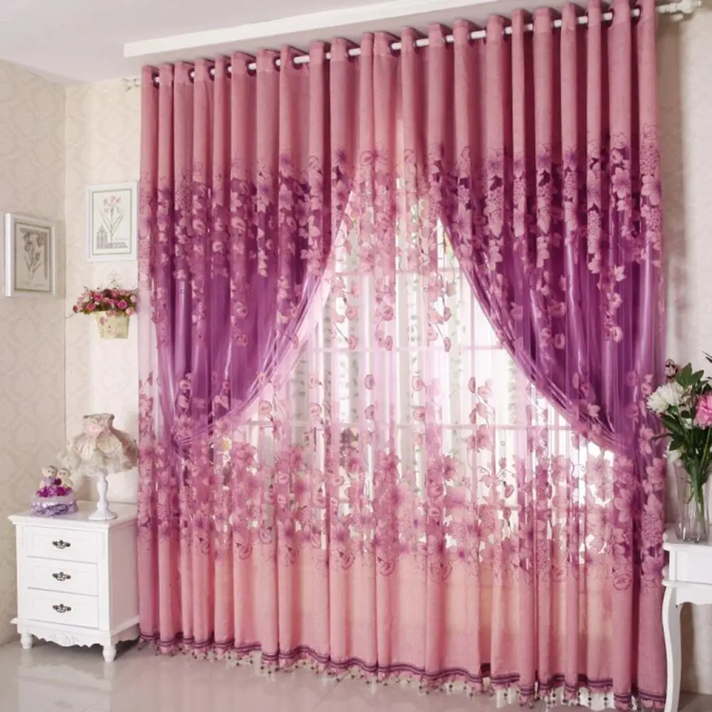 2pcs pupple 1/2 шт., 1x2,5 м, Европейский узор пионов, вуаль, занавески, тюль, отвесные подзоры, домашний декор, фиолетовые/розовые/кофейные шторы - Цвет: 2pcs pupple