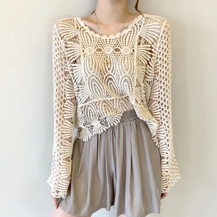 

Crochet Long Sleeve Hollow Out Women Retro Summer Beach Sexy Boho T-Shirt Top