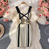 sexy dress panelled knitted spring summer vestidos high waist v neck midi lady womens sling sleeveless hit color hip knit dress