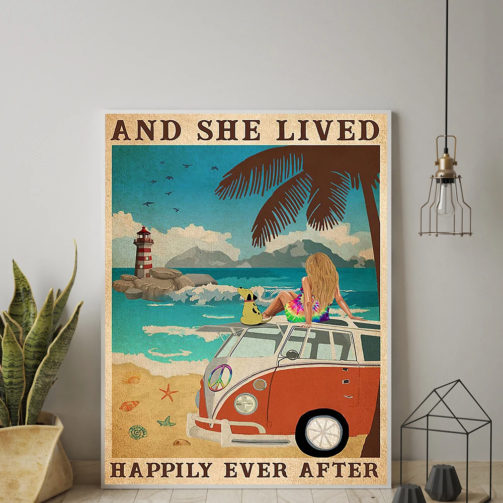 

Beach Dog Girl Hippie Posters and Prints Happily Every After Quote Canvas Painting Vintage Wall Art Pictures Boho Home Decor