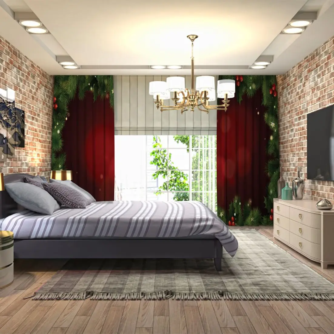 Занавеска Рождественское украшение зеленый и красный венок сосновые елочные