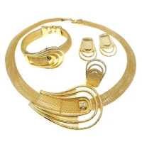 hotsale dubai gold plated ladies simple necklace bracelet earrings ring jewelry set holiday gift h00127