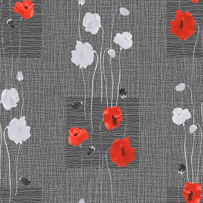 

Curtain Poppy Flowers on Dark Background with Squares Wild Nature Blooms Decorative Watercolor Art Red White Gray