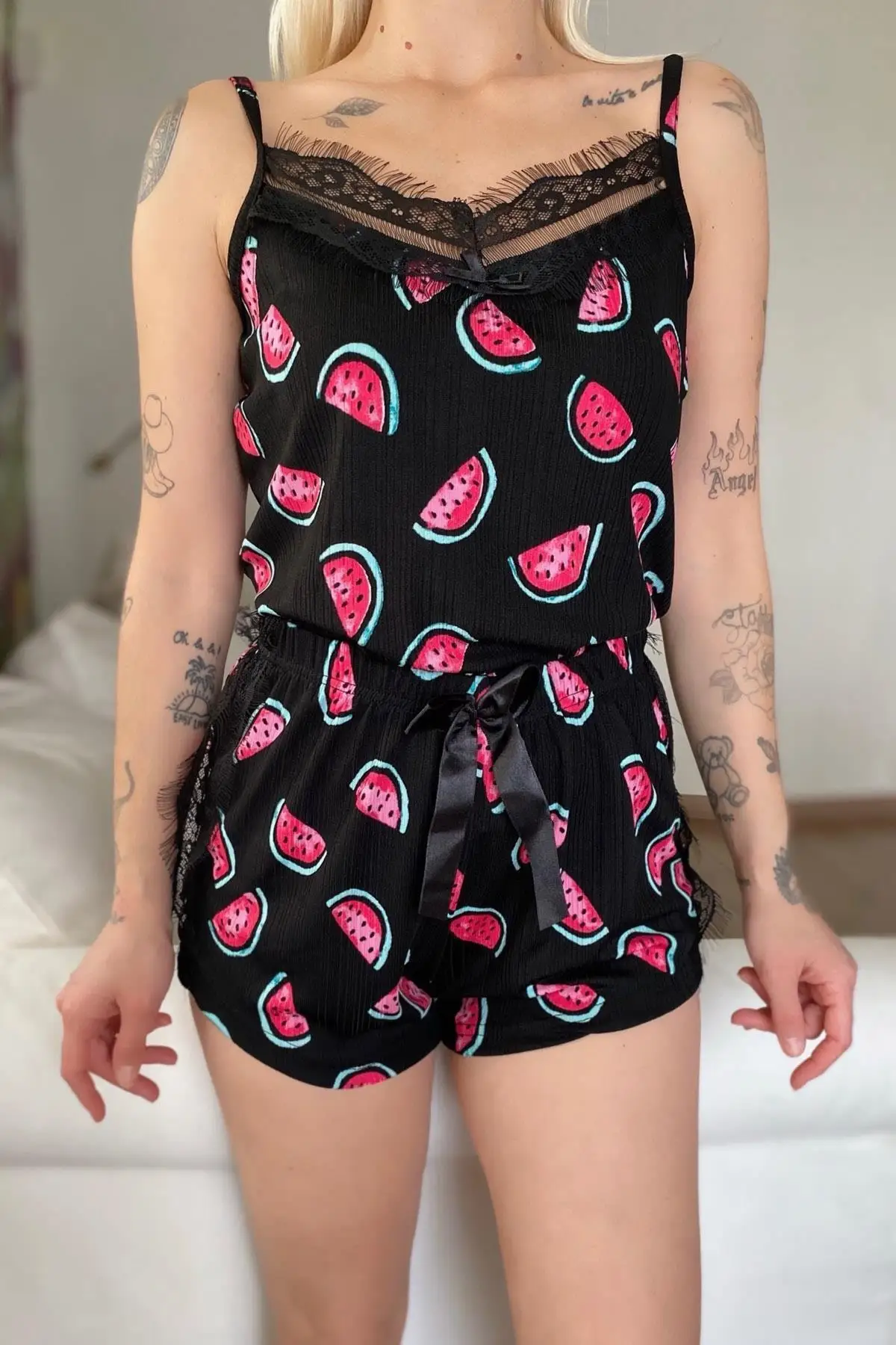 Women's Underwear Watermelon Printed Ruched Hanging Rope Knitted Fabric Pajamas set-Long And Short Choose Your