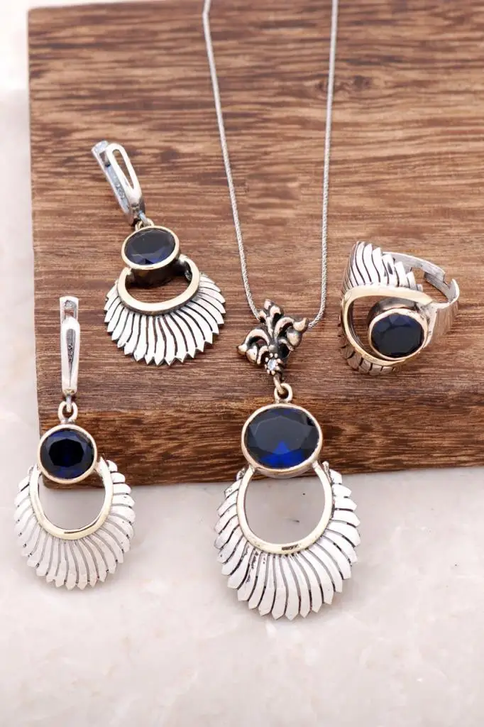 

Sapphire Zircon Sun Design Handmade Silver Set 1966Hand Made Silver Jewellery Set