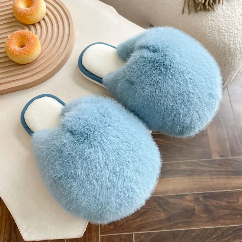 Шлепанцы женские из искусственного кроличьего меха пушистые сандалии с закрытым