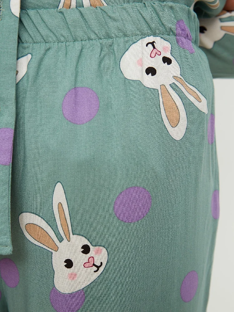 TuBiTeX Green, Long Sleeve, Button, Rabbit Pattern, Woven Pajamas set, Sleepwear Top, pajama Bottoms, Suit
