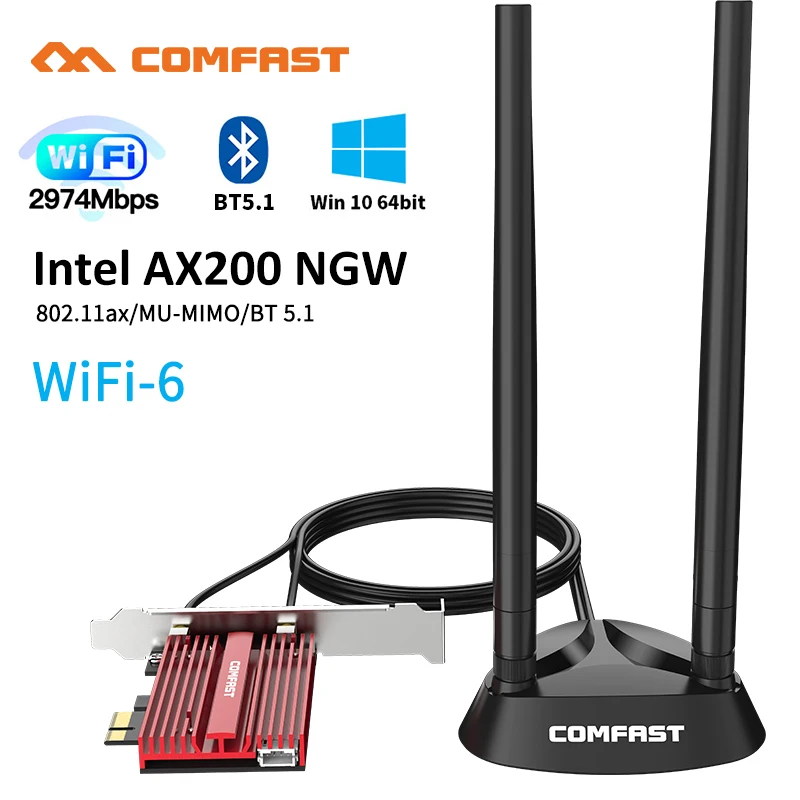 

3000Mbps Wifi 6 Dual Band Desktop PCIe WiFi Adapter Intel AX200 Wi-fi Card 802.11ax 2.4G/5Ghz Bluetooth 5.1 PCI Express Wireless