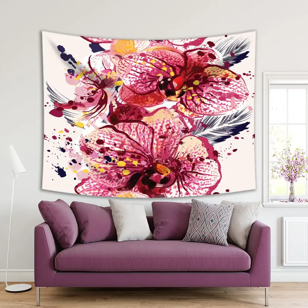 

Tapestry Orchid Flowers Paint Splashes Modern Colorful Watercolor Style Artwork Navy Yellow Red