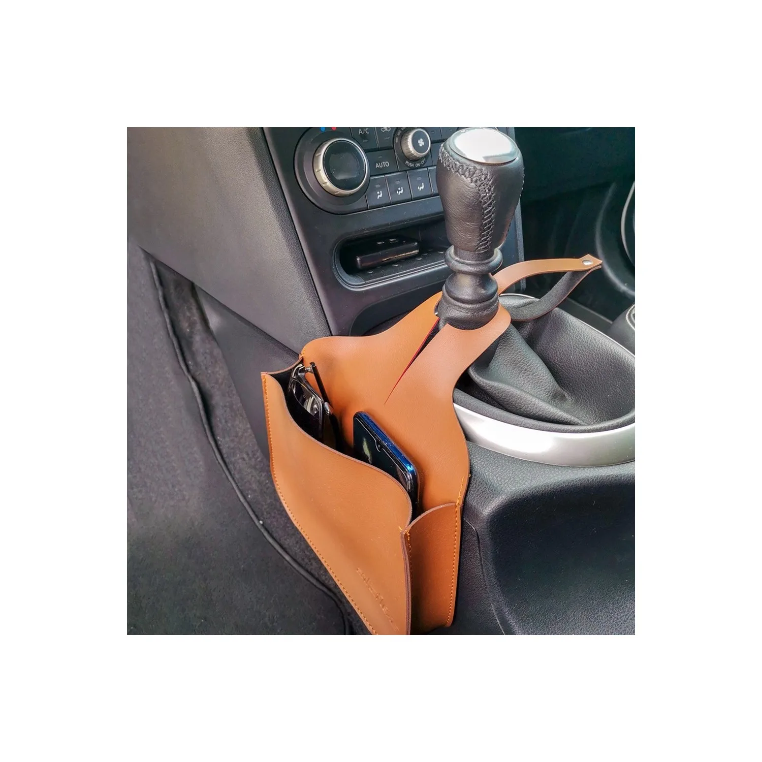 

Genuine Leather Gear Shift Knob Auto Bag Car Phone Tablet Holder Bag Leather Gear Shift Knob Organizer, Glasses, Phone Holder In