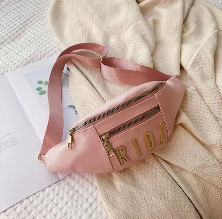 pink Кожаный розовый поясной пакет для женщин Модный нагрудный ремень через плечо сумка черные поясные сумки Сумка Письмо heup tas bumbag - Цвет: pink
