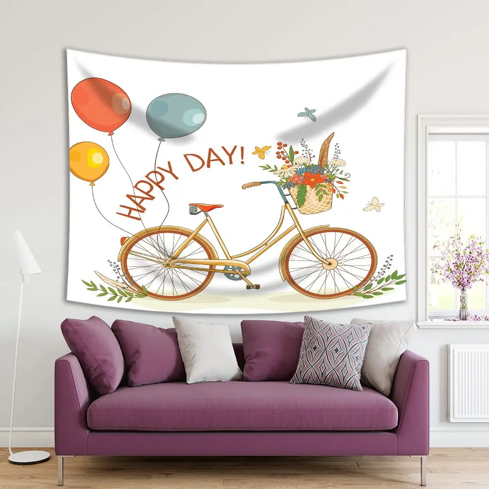 

Tapestry Yellow Bike Red Blue Balloons Branches Green Leaves and Basket Filled with Colorful Flowers "Happy Day" Postcard art