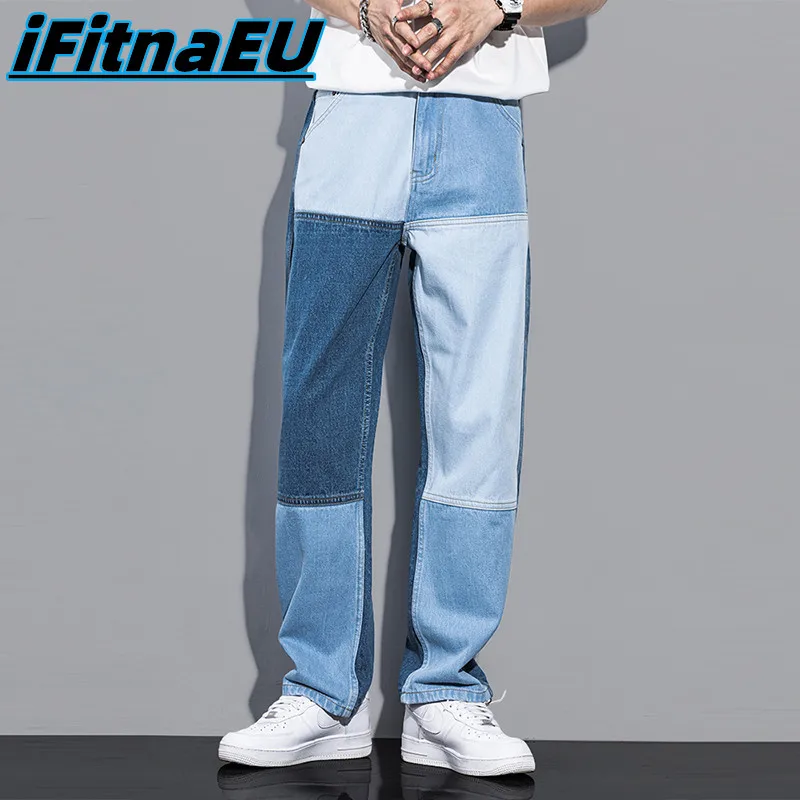 

Business Casual Patchwork Men's Jeans Women's Blue Fashion Slim Pants Straight Baggy Korean Mens Designer Clothes Clothing