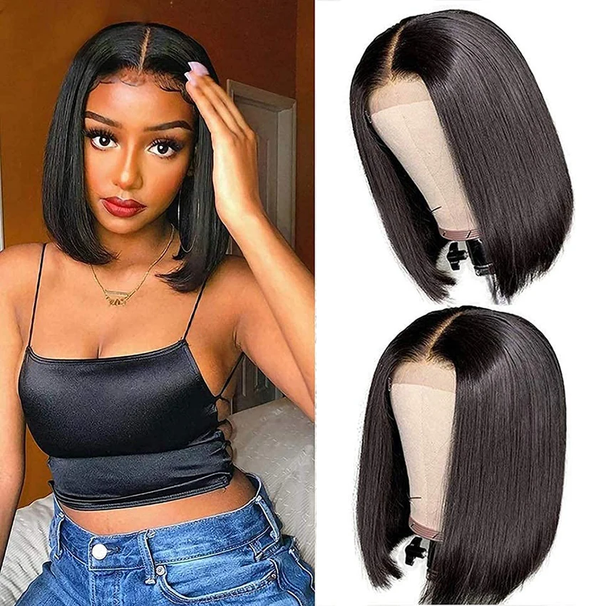 

Straight Short Bob Human Hair Wigs For Black Women Pre-Plucked 4x4x1 Closure Wig Brazilian Hair Lace Wigs Middle Part 150%