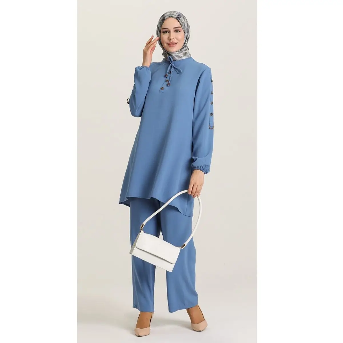 

Button Detailed Tunic Trousers Double Suit Buttoned Unlined Long Sleeve Zero Collar Summer Seasonal Hijab Clothing Muslim Women