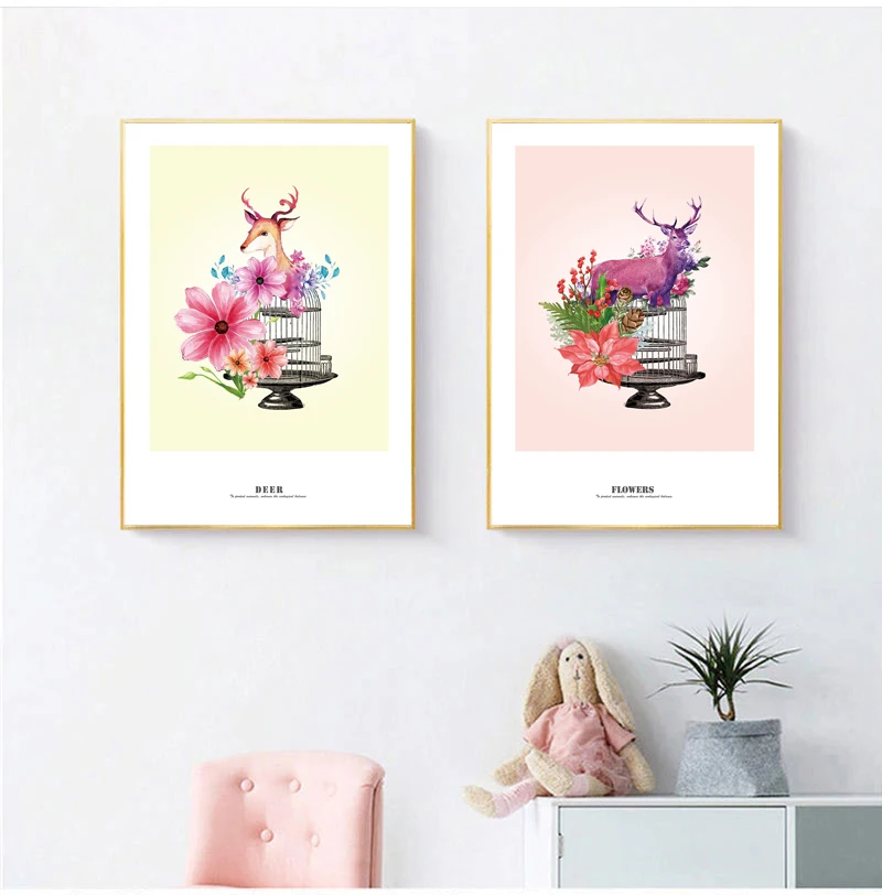 

Nordic Hand Drawn Watercolor Flower Deer Poster Plants Canvas Print Minimalist Wall Art Abstract Painting Decorative Picture