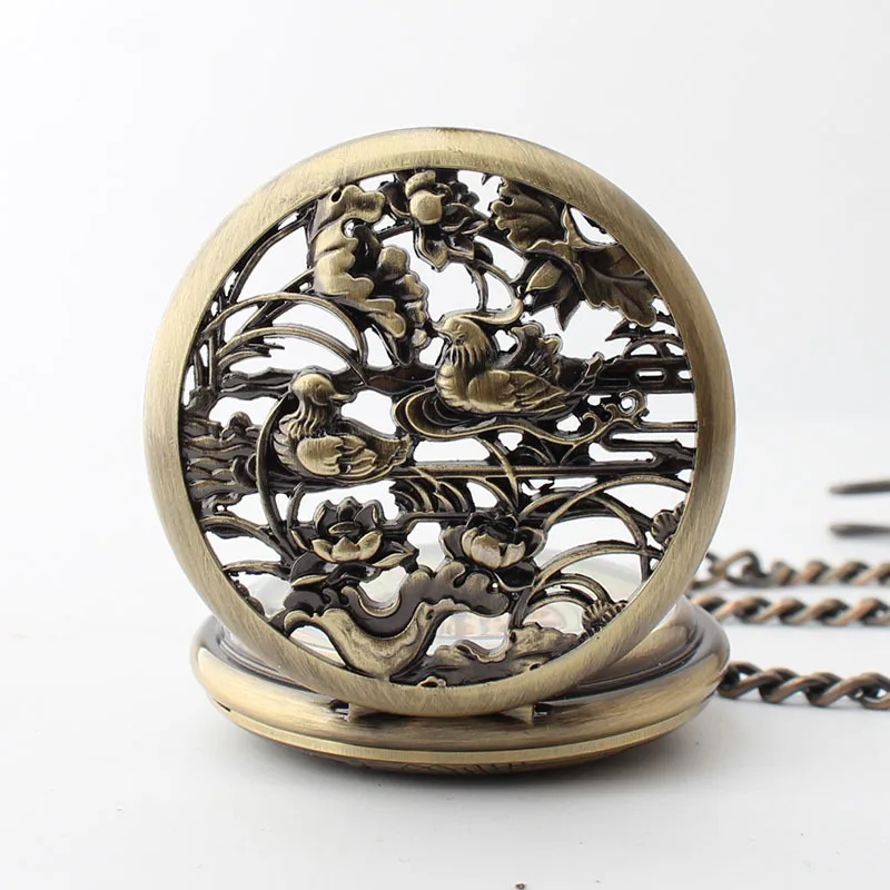 Flap Skeleton Vintage Pocket Watch For Men Women Mandarin Ducks Play in Water Chain Necklace Pendant Best Gifts amante relógios