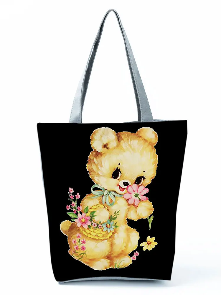 

Bear Printed Handbag Cartoon Eco Reusable High Capacity Women Shopping Bag Animal Student Shoulder Tote Polyester Custom Pattern